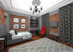 современная спальня в стиле лофт с красным и белым кирпичем