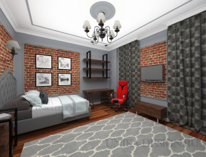 современная спальня в стиле лофт с красным и белым кирпичем