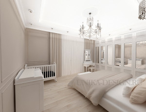бежевая спальня в стиле неоклассика с белой мебелью